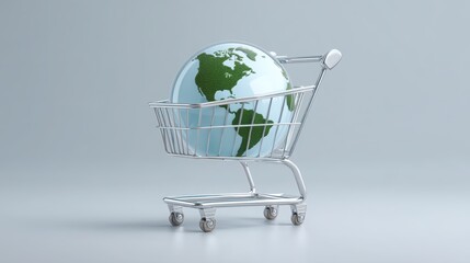 Shopping cart with a globe represents global commerce and sustainability.