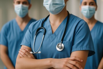 Medical professionals in scrubs stand in a row, arms crossed, wearing protective face masks.