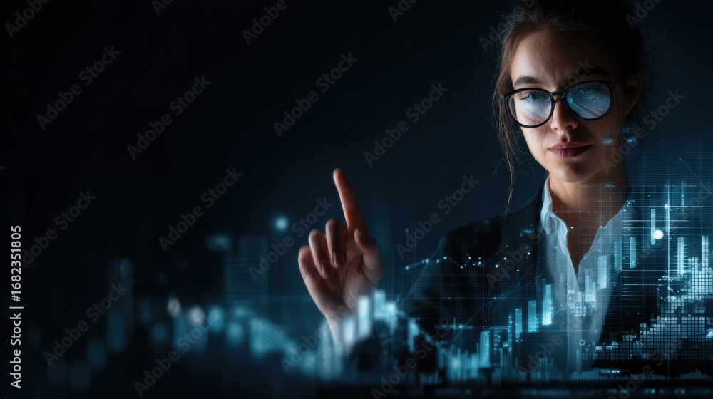 Poster business professional analyzing data trends using digital graphs in a dark office environment during