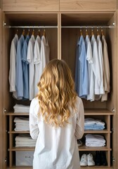 young woman choosing clothes, Woman with long blonde hair stands before open wardrobe filled with clothes. Contemplates outfit selection, surrounded by hanging shirts, sweaters, shoes. Modern minimali