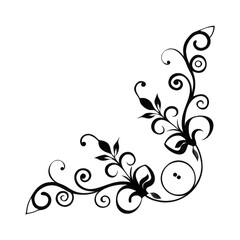 Elegant black floral flourish corner design with swirling vines and leaves isolated on transparent background