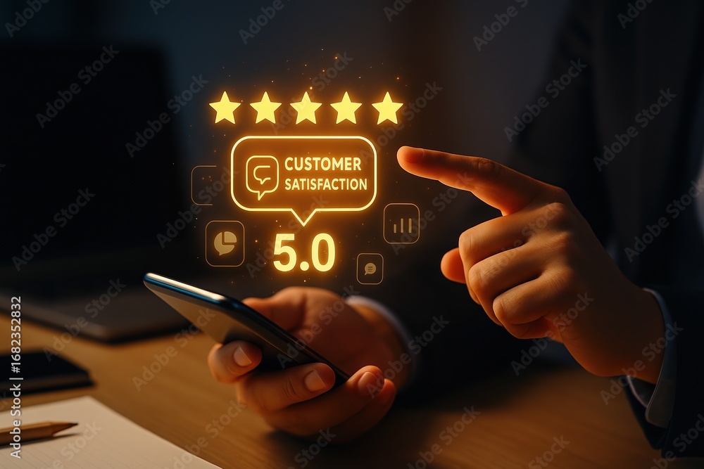 Poster a person interacts with a smartphone displaying glowing customer satisfaction metrics, including fiv