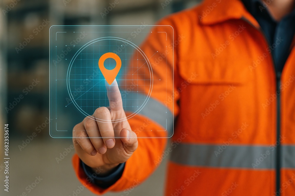 Poster a person's finger interacts with a digital map interface, highlighting the concept of location techn
