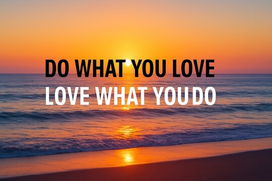 Inspiring motivational quote about following your passion, displayed over a tranquil ocean sunset scene with warm, vibrant colors.