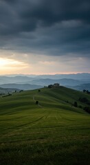 Obraz premium Tuscan Landscape with House on Hill and Moody Sky nature