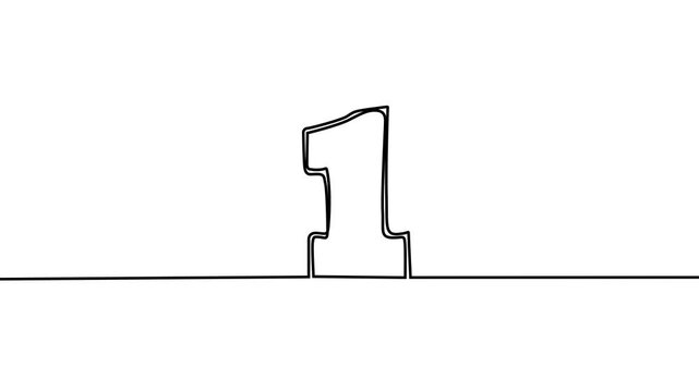 Continuous line vector design of number 1 with editable outline format. 4k HD video Concept of love Freehand drawing black lines on a white background