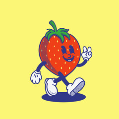 Vintage retro character of strawberry. Groovy style, mascot, carton, fruits, logo, icon, sticker, packaging, vector