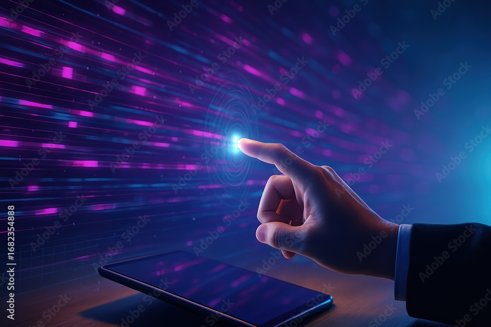 Poster a hand interacts with a digital interface, displaying dynamic data streams in vibrant purple and blu