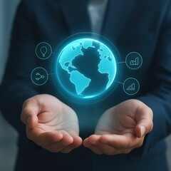 A digital representation of the world globe, held delicately in hands, showcases global connectivity and information.