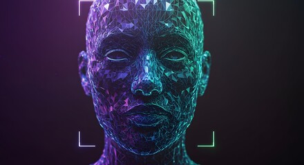 An abstract image of a human face made of digital polygons and a grid, representing facial recognition technology