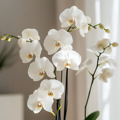 Obraz premium Delicate orchid blooms in a cozy home setting indoor nature decor bright and inviting atmosphere