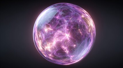 A translucent sphere pulsates with swirling, luminous, purple energy; inner light glows brightly against a dark backdrop