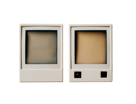 Two vintage, rectangular, light beige devices, appearing like early portable computer screens or game consoles, side-by-side, against a plain black background.  Empty screens show muted tones