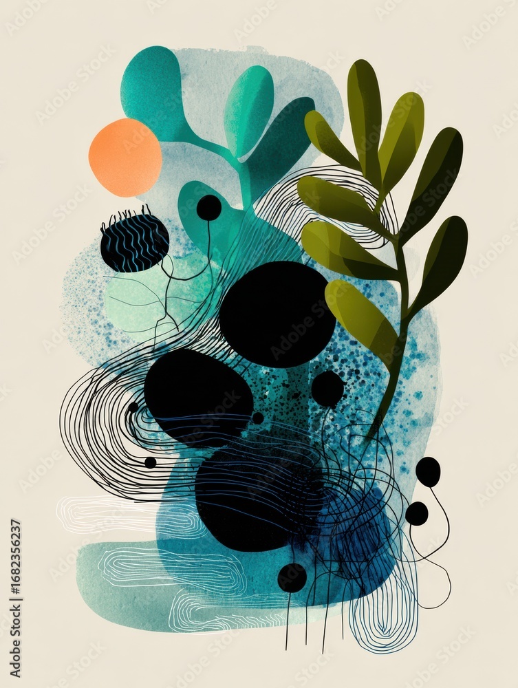 Poster colorful abstract art featuring organic shapes and lines with a playful combination of black and gre