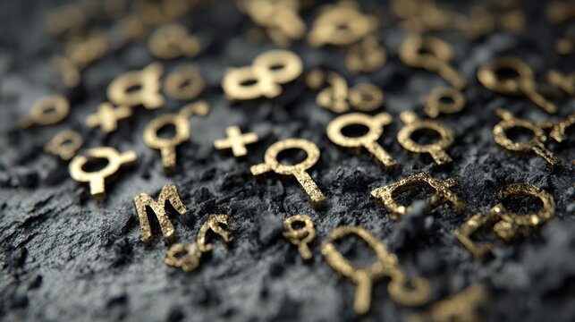 Symbols of Gender Equality Scattered on a Textured Surface in a Close-Up View Highlighting Their Importance and Relevance in Modern Society