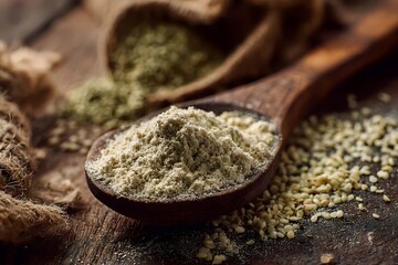 Wooden spoon with hemp powder on rustic table.