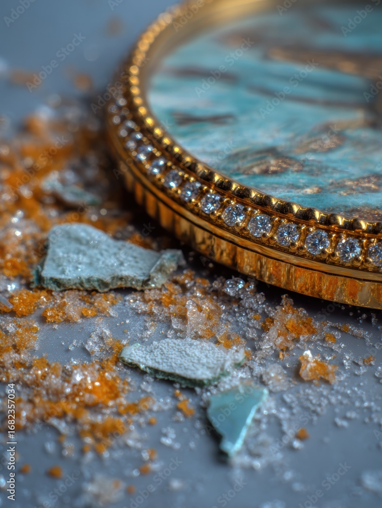 Poster shattered pieces and a decorative object on a textured surface revealing an intricate design in a cl