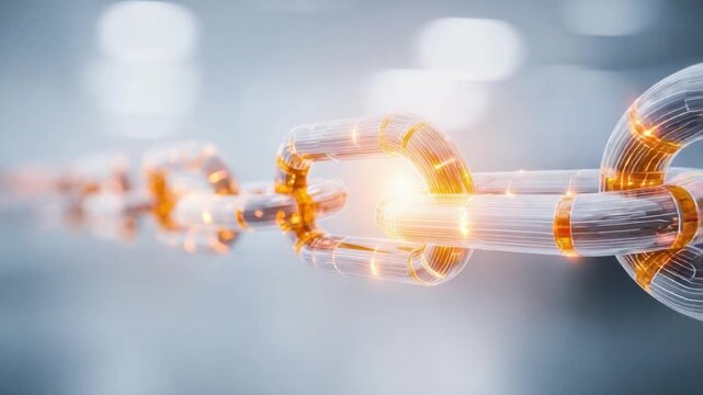 Digital Chain: a stunning, close-up shot showcasing a segment of a futuristic digital chain with luminous connections, representing the fusion of technology and structure.