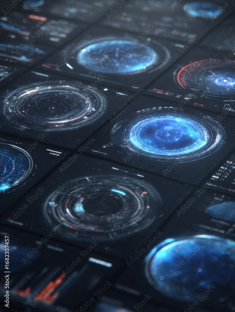 Poster futuristic digital control panels displaying data visualizations and analytics in a dark room settin