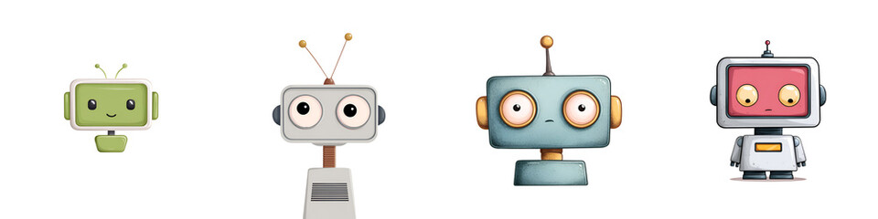 Naklejka premium Collection of Cute Cartoon Robot Heads, Isolated on White