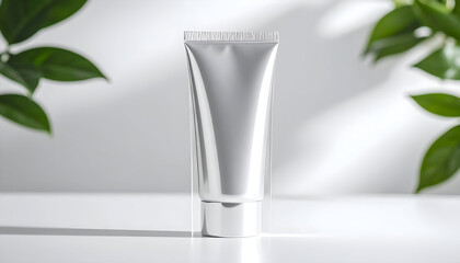Luxurious silver cosmetic tube mockup with natural green foliage and soft sunlight shadows, ideal for organic skincare products