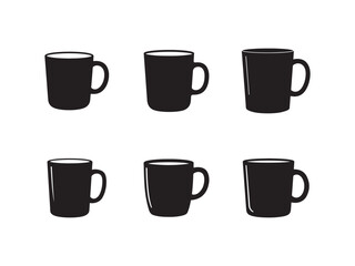 Vector illustration of six black mugs on white background featuring various shapes and styles ideal for showcasing coffee or tea branding designs