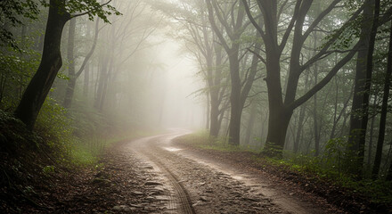 Fototapeta premium Misty Forest Road with Tire Tracks and Tall Trees.