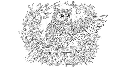 Fototapeta premium Detailed owl perched on a branch with its wing spread, isolated on white background