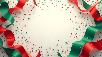 Naklejka premium Festive celebration background with green and red ribbons and confetti