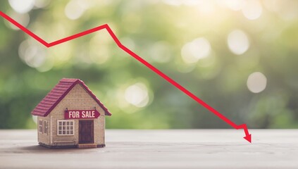 Miniature house with for sale sign shows declining real estate market trend with red graph