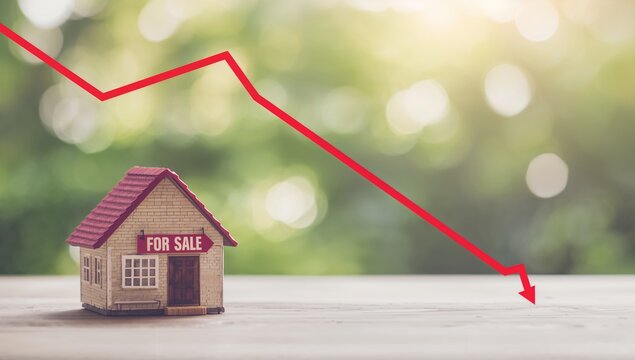 Miniature house with for sale sign shows declining real estate market trend with red graph