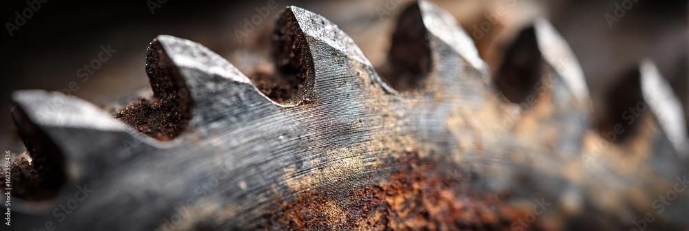 Aufkleber close-up view of a rusted circular saw blade highlighting its serrated edges and texture in a worksh
