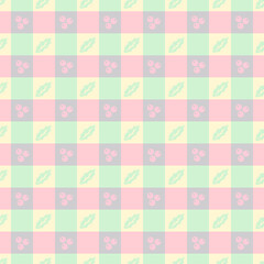 Seamless checkered pattern with pastel Christmas elements, including holly leaves and berries. Perfect for backgrounds, textiles, and festive designs.
