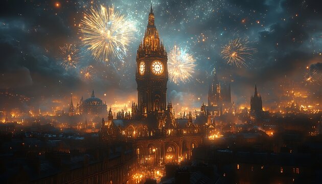 Big Ben clock tower illuminated at night with fireworks over London cityscape Elizabeth Tower