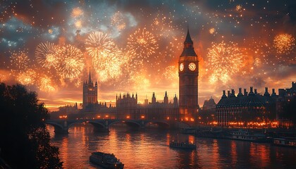 Big Ben and Houses of Parliament illuminated by vibrant orange fireworks over River Thames