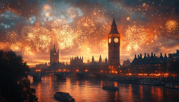 Big Ben and Houses of Parliament illuminated by vibrant orange fireworks over River Thames