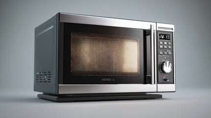 Fototapeta premium Silver and black countertop microwave oven, door closed, keypad on right