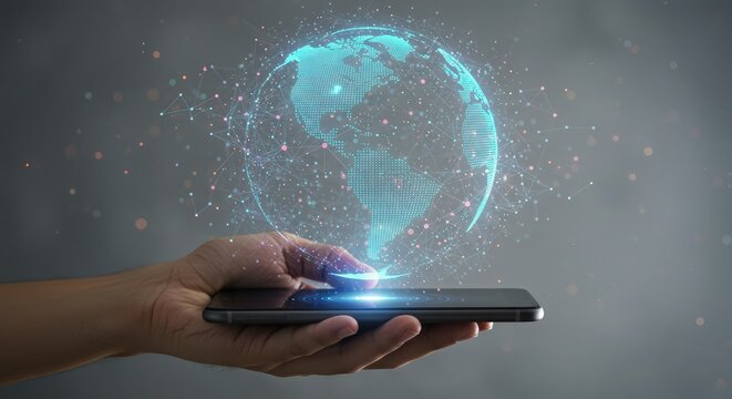 A hand holding a smartphone displaying a holographic projection of the Earth, symbolizing global connectivity and digital technology.