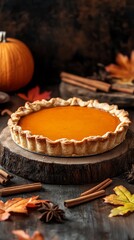 Pumpkin pie illustration with cinnamon sticks, cozy Thanksgiving mockup