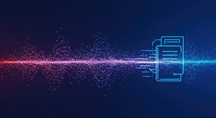 Abstract digital data stream with glowing particles flowing into document icons, symbolizing information processing and transfer in a technological context.