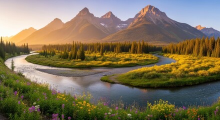 Obraz premium Golden hour paints majestic mountains and winding river with vibrant wildflowers