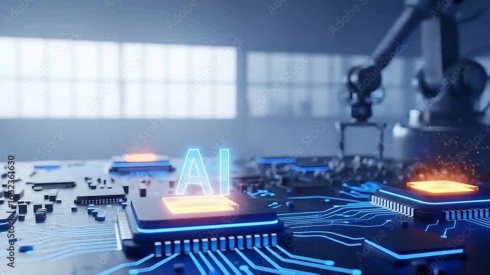 Poster robotic arm placing ai text on a circuit board artificial intelligence