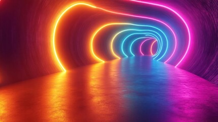 Vibrant neon lights illuminate a futuristic tunnel