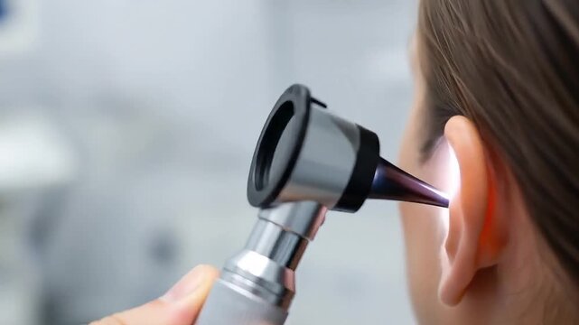 Doctor examining ear with otoscope patient examination