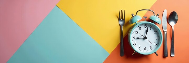 Alarm clock & cutlery arranged on vibrant background Healthy eating schedule concept , food prep, colorful