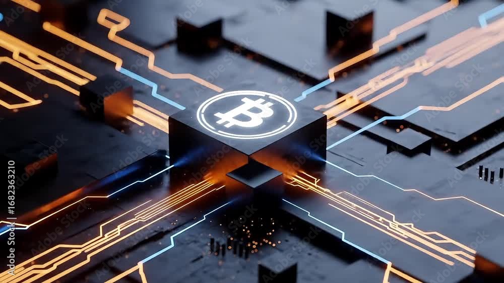 Poster bitcoin symbol on a cube amidst glowing circuit board