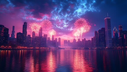 Fototapeta premium City skyline at dusk with vibrant pink and blue fireworks reflecting on water night