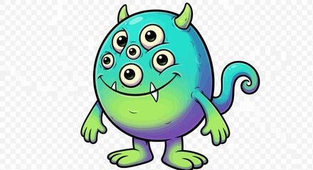 Cartoon monster with multiple eyes and horns, standing pose, vibrant colors.