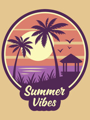 Obraz premium Vector art of summer vibes tropical beach with palm trees, gazebo, and birds at sunset