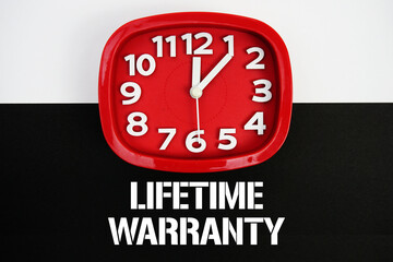 Lifetime Warranty text and alarm clock on black and white background